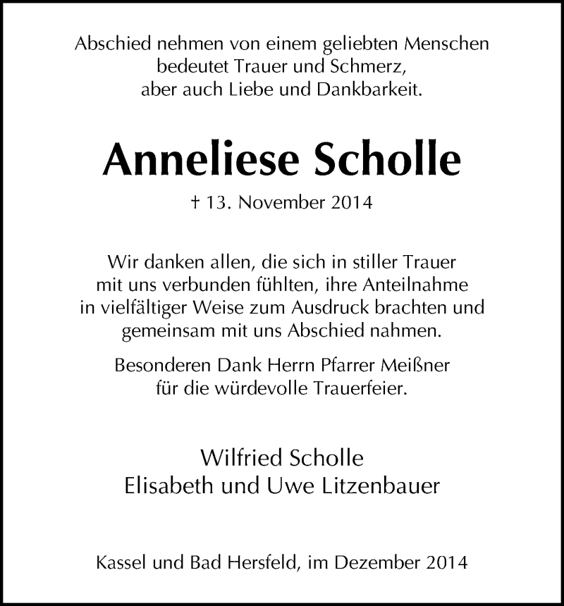  Traueranzeige für Anneliese Scholle vom 06.12.2014 aus HNA