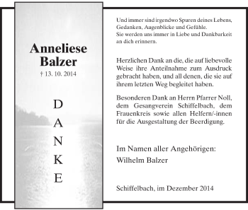 Traueranzeige von Anneliese Balzer von HNA