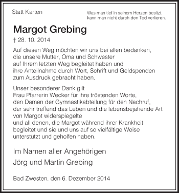 Traueranzeige von Margot Grebing von HNA