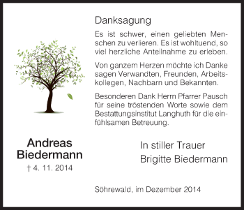 Traueranzeige von Andreas Biedermann von HNA