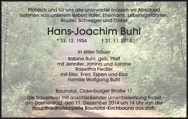  Traueranzeige für Hans-Joachim Buhl vom 06.12.2014 aus HNA