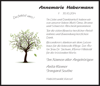 Traueranzeige von Annemarie Habermann von HNA