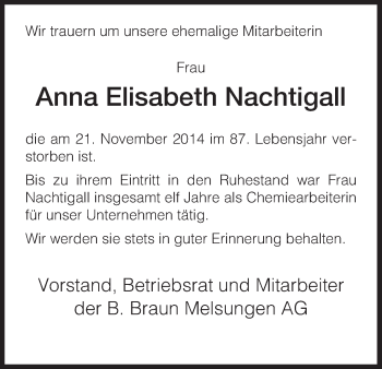 Traueranzeige von Anna Elisabeth Nachtigall von HNA