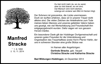 Traueranzeige von Manfred Stracke von HNA