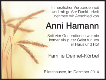 Traueranzeige von Anni Hamann von HNA
