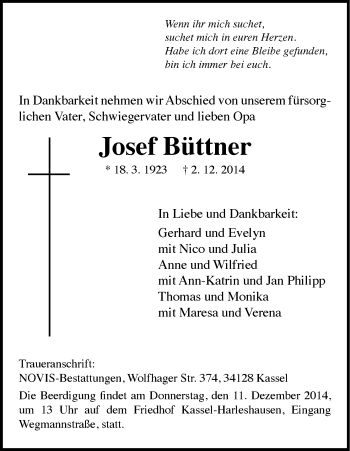 Traueranzeige von Josef Büttner von HNA