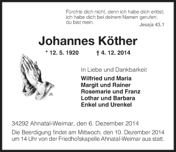 Traueranzeige von Johannes Köther von HNA