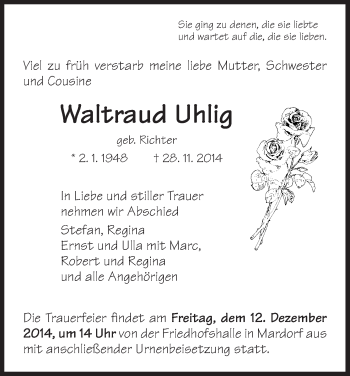 Traueranzeige von Waltraud Uhlig von HNA