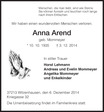 Traueranzeige von Anna Arend von HNA