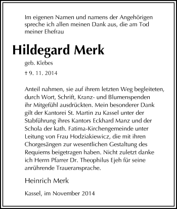 Traueranzeige von Hildegard Merk von HNA
