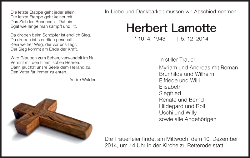  Traueranzeige für Herbert Lamotte vom 08.12.2014 aus HNA
