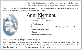 Traueranzeige von Anni Klement von HNA