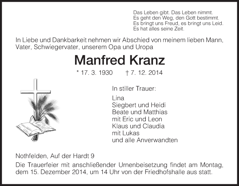  Traueranzeige für Manfred Kranz vom 11.12.2014 aus HNA
