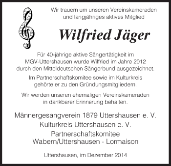 Traueranzeige von Wilfried Jäger von HNA