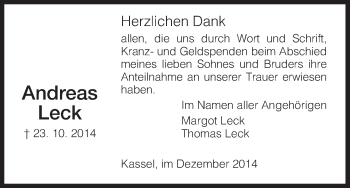 Traueranzeige von Andreas Leck von HNA