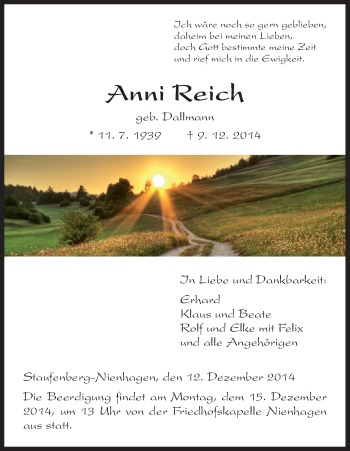 Traueranzeige von Anni Reich von HNA