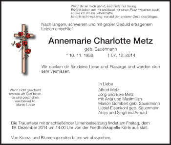 Traueranzeige von Annemarie Charlotte Metz von HNA