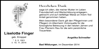 Traueranzeige von Liselotte Finger von HNA