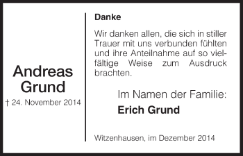 Traueranzeige von Andreas Grund von HNA
