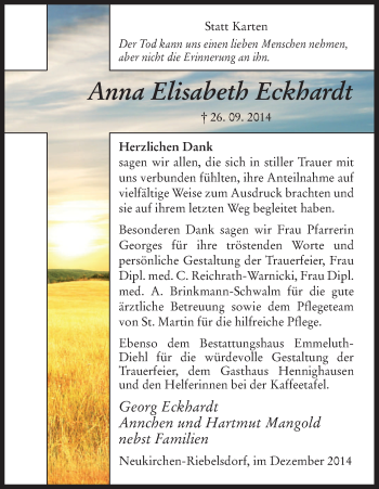 Traueranzeige von Anna Elisabeth Eckhardt von HNA