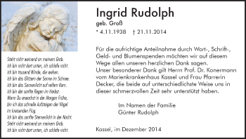 Traueranzeige von Ingrid Rudolph von HNA