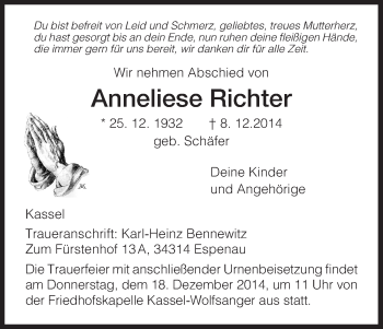 Traueranzeige von Anneliese Richter von HNA