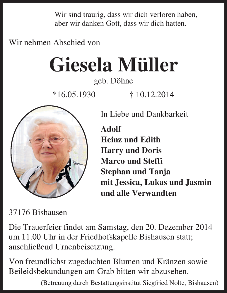 Traueranzeigen von Giesela Müller | Trauer.HNA.de
