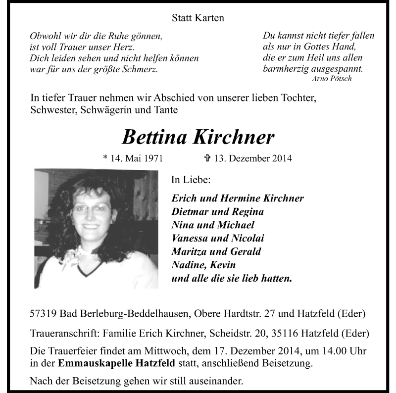  Traueranzeige für Bettina Kirchner vom 15.12.2014 aus HNA