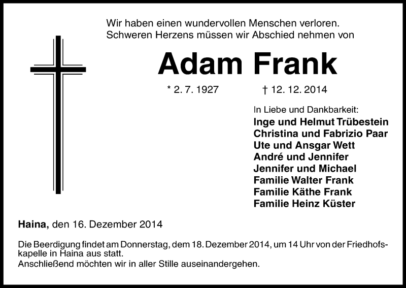  Traueranzeige für Adam Frank vom 16.12.2014 aus HNA