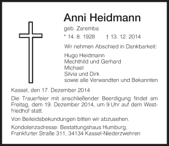 Traueranzeige von Anni Heidmann von HNA