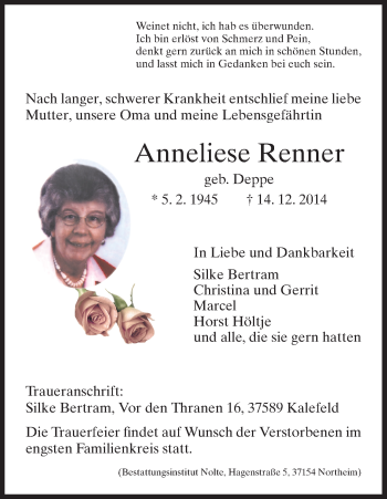 Traueranzeige von Anneliese Renner von HNA