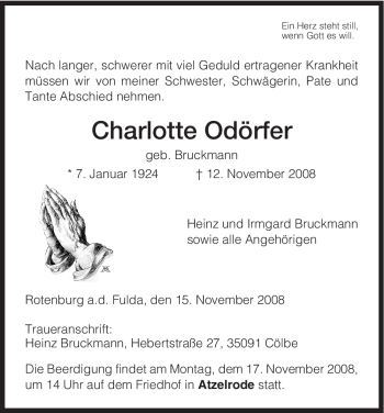 Traueranzeige von Charlotte Odörfer von HNA