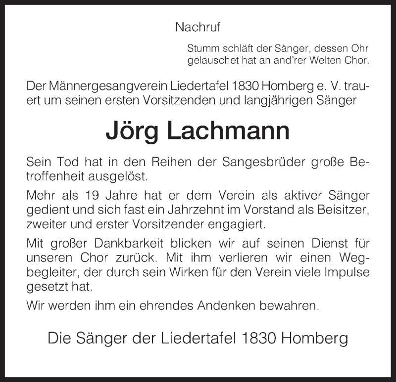  Traueranzeige für Jörg Lachmann vom 08.06.2015 aus HNA