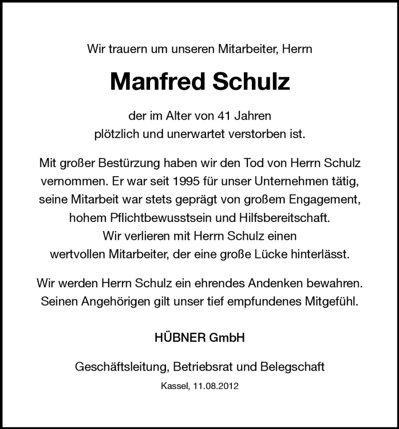  Traueranzeige für Manfred Schulz vom 11.08.2012 aus HNA