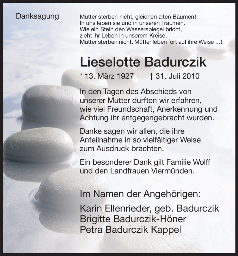  Traueranzeige für Lieselotte Badurczik vom 21.08.2010 aus HNA