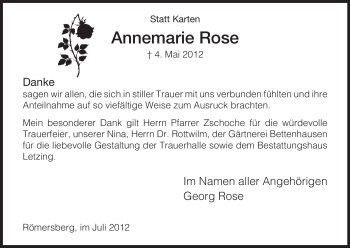 Traueranzeige von Annemarie Rose von HNA