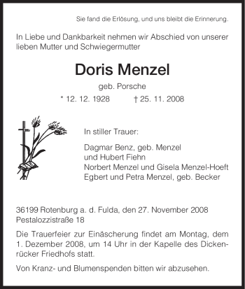 Traueranzeige von Doris Menzel von HNA