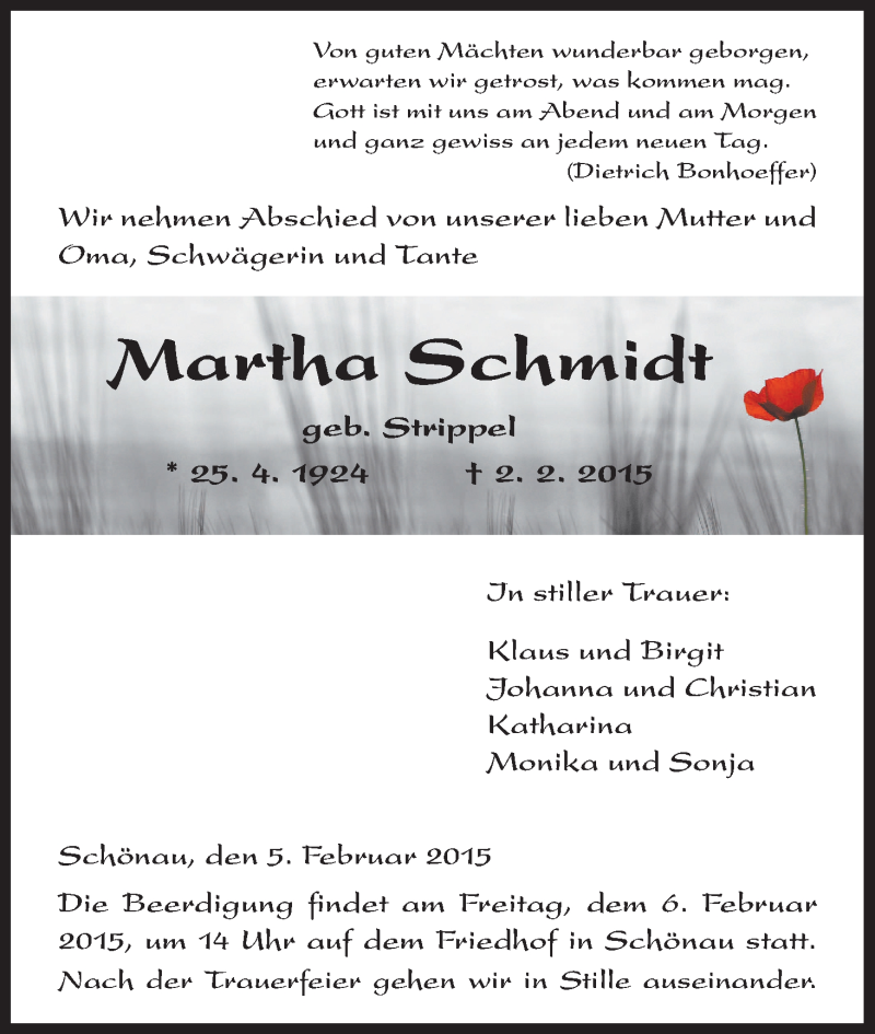  Traueranzeige für Martha Schmidt vom 05.02.2015 aus HNA