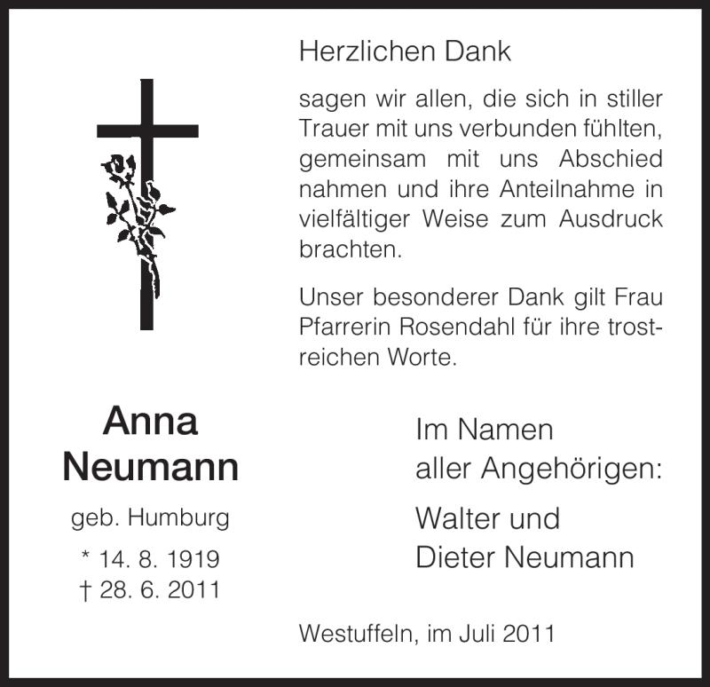  Traueranzeige für Anna Neumann vom 30.07.2011 aus HNA