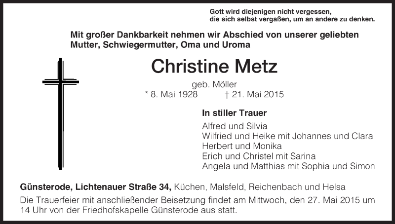  Traueranzeige für Christine Metz vom 23.05.2015 aus HNA