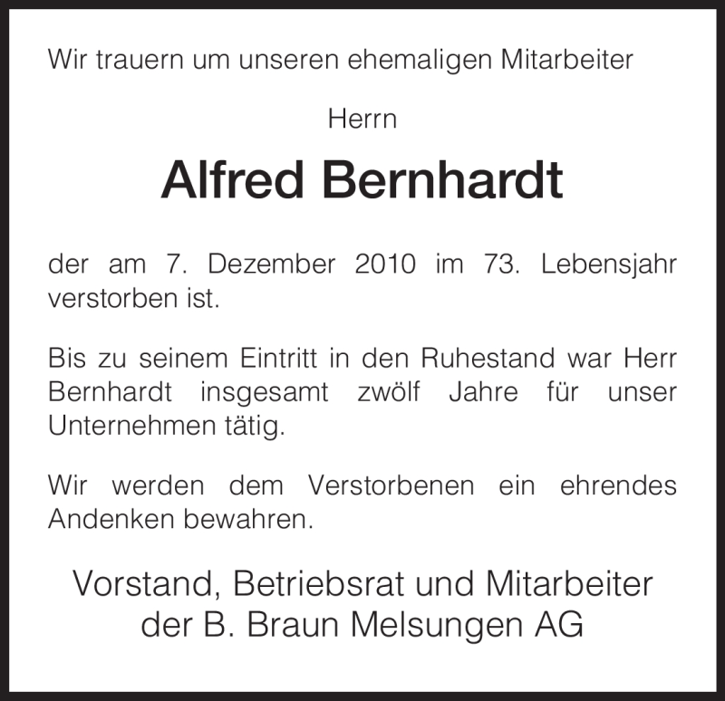  Traueranzeige für Alfred Bernhardt vom 17.12.2010 aus HNA