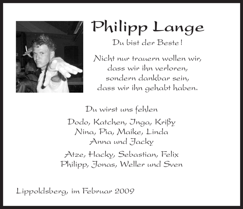  Traueranzeige für Philipp Lange vom 19.02.2009 aus HNA