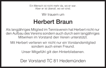 Traueranzeige von Herbert Braun von HNA