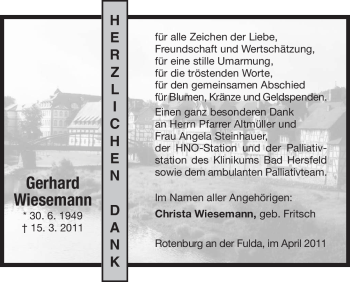 Traueranzeige von Gerhard Wiesemann von HNA