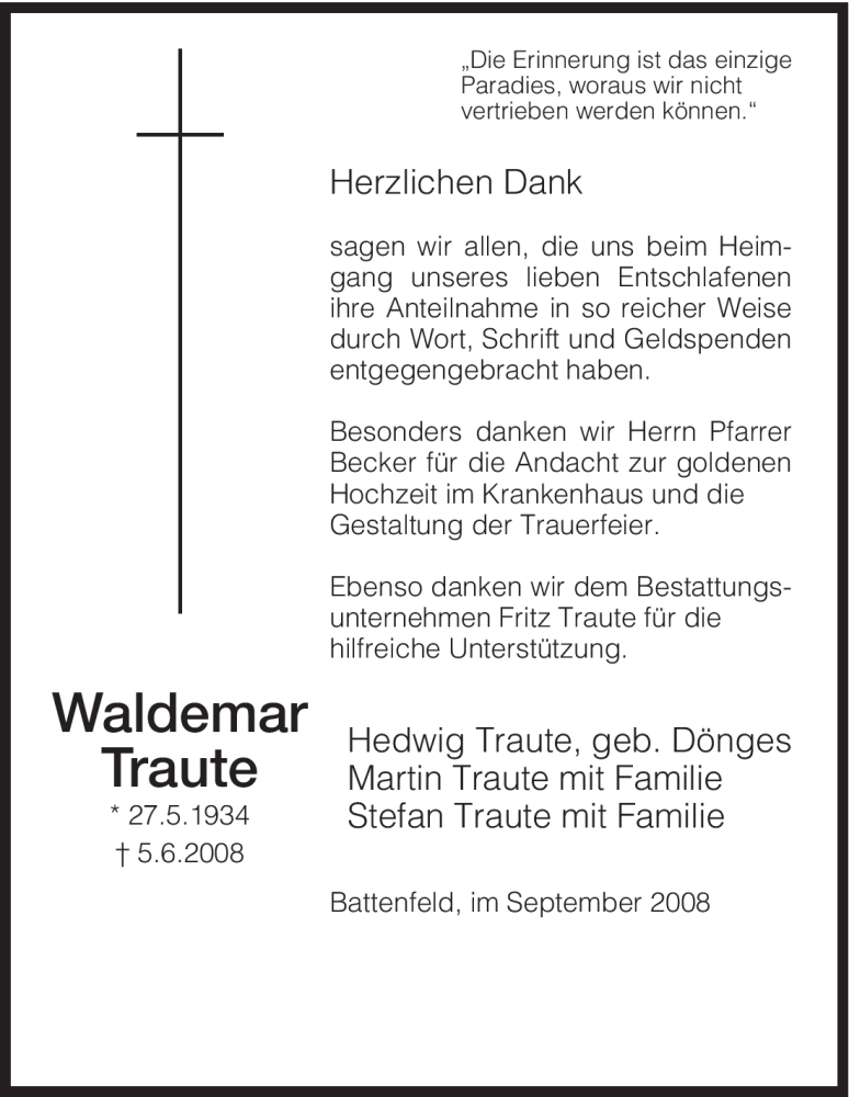  Traueranzeige für Waldemar Traute vom 13.09.2008 aus HNA
