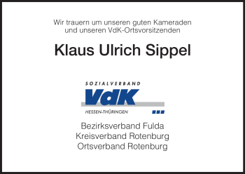 Traueranzeige von Klaus Ulrich Sippel von HNA