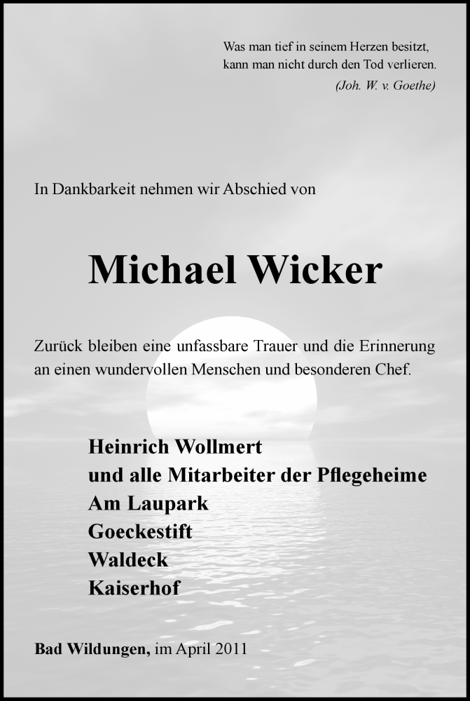  Traueranzeige für Michael Wicker vom 03.05.2011 aus HNA