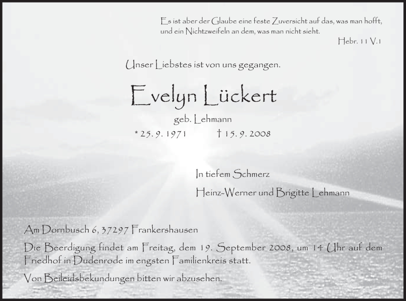  Traueranzeige für Evelyn Lückert vom 18.09.2008 aus HNA
