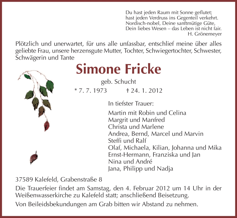 Traueranzeige für Simone Fricke vom 27.01.2012 aus HNA