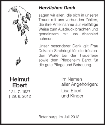 Traueranzeige von Helmut Ebert von HNA